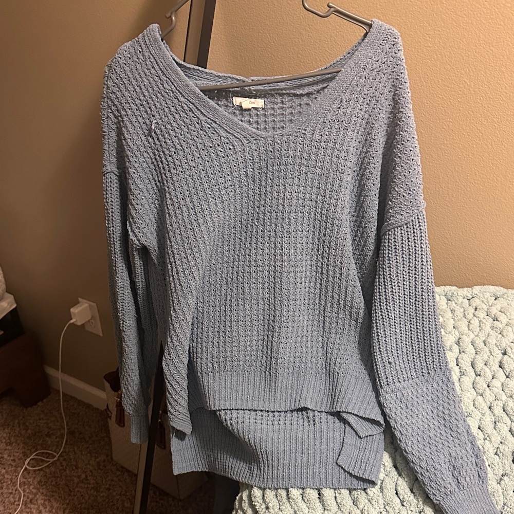Light Blue Waffle Knit Scoop Neck Sweater